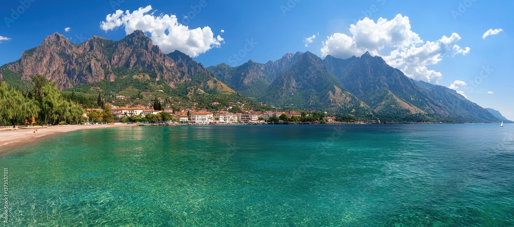 Fototapeta premium Serene Coastal Landscape with Clear Waters and Majestic Mountains
