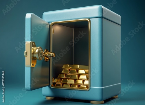 A blue safe with a gold keyhole and a gold key. 3d illustration of open safe with gold bars inside background, minimalistic style.