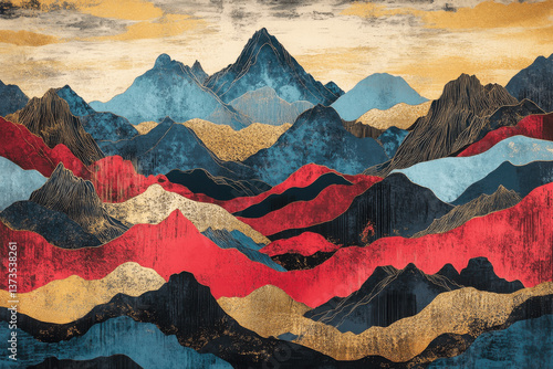 Abstract landscape painting showcasing majestic mountain peaks bathed in the warm glow of sunset, with vibrant hues of red, blue, and gold