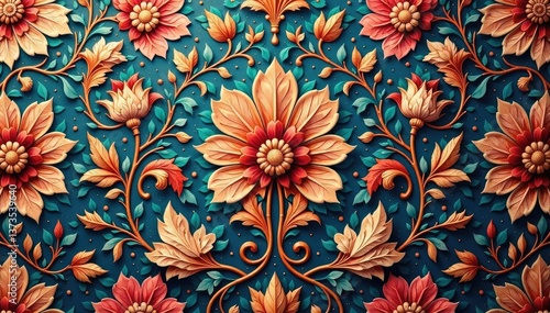 Intricate floral damask textile, faded elegance, texture, vintage pattern, old