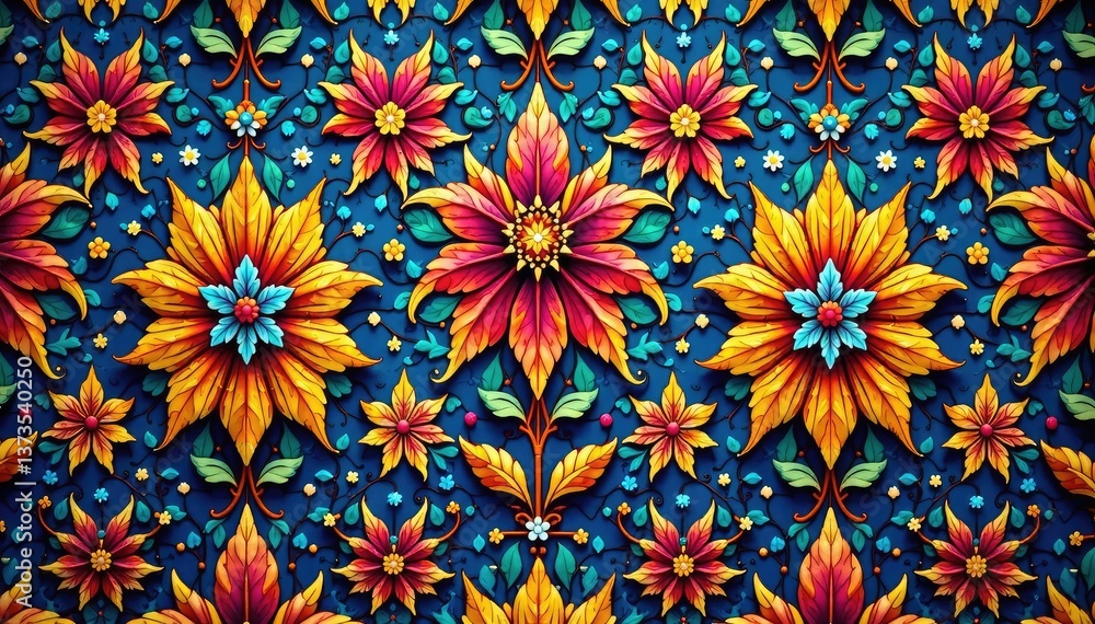 Intricate floral pattern, vibrant hues, repeating design, blossom, nature, colorful Intricate floral pattern, vibrant hues, repeating design, blossom, nature, colorful