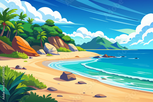 A peaceful coastal scene with an endless sandy beach and cloudless blue skies