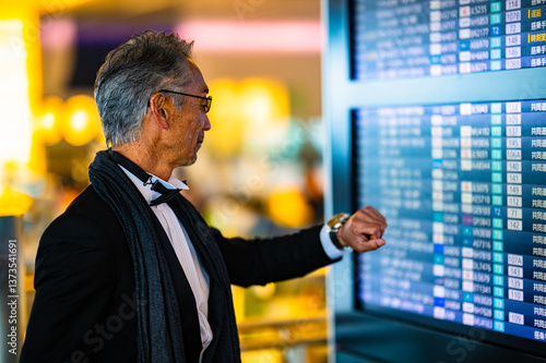 Obraz na płótnie 空港ターミナルでチェックインの手続きをする男性 w salonie