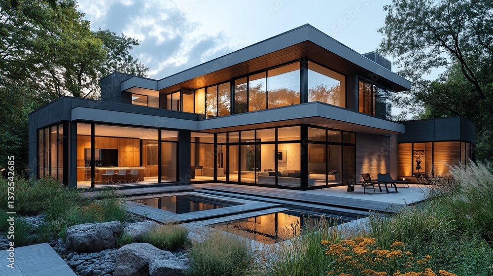 A modern home with sleek architecture featuring sharp geometric lines and large glass windows outside A modern home with sleek architecture featuring sharp geometric lines and large glass windows outside