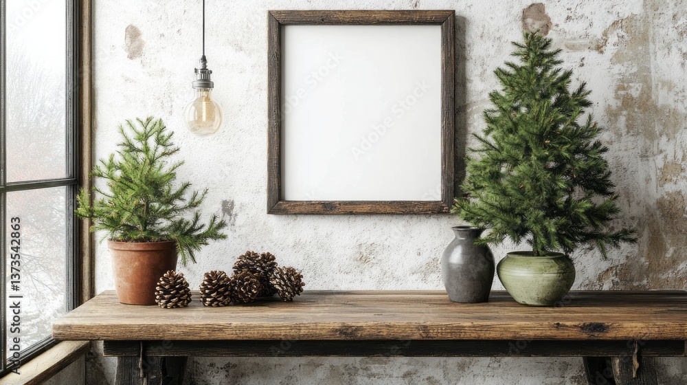 Fototapeta premium Rustic frame above wooden table with christmas decorations displayed