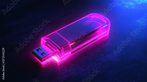Glowing neon USB flash drive against dark background.