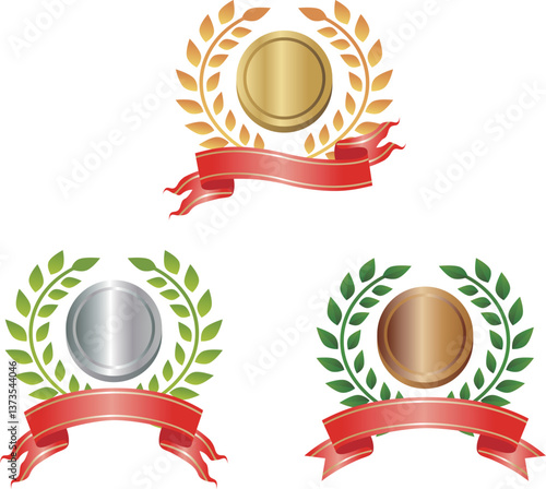 月桂樹　月桂冠　リボン　優勝　受賞　メダル　スポーツ　あしらい　飾り　装飾　イラスト素材セット