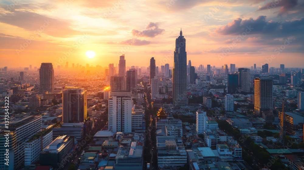 Fototapeta premium Sunset over city skyline urban landscape aerial view modern architecture vibrant environment
