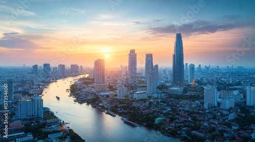 Wallpaper Mural Sunset cityscape over the chao phraya river bangkok aerial view urban landscape tranquil atmosphere Torontodigital.ca