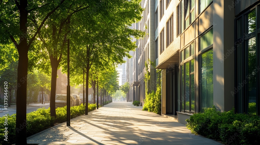 Naklejka premium A modern residential building facade, surrounded by a clean urban sidewalk with green trees, photographed at eye level on a sunny day, using natural light with a moderate depth of field (f/4