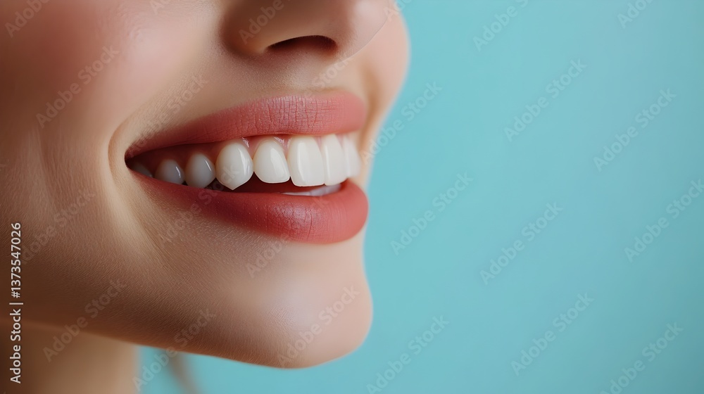 Obraz premium Closeup profile shot of young woman s bright white smile against clear background showcasing dental hygiene and oral health