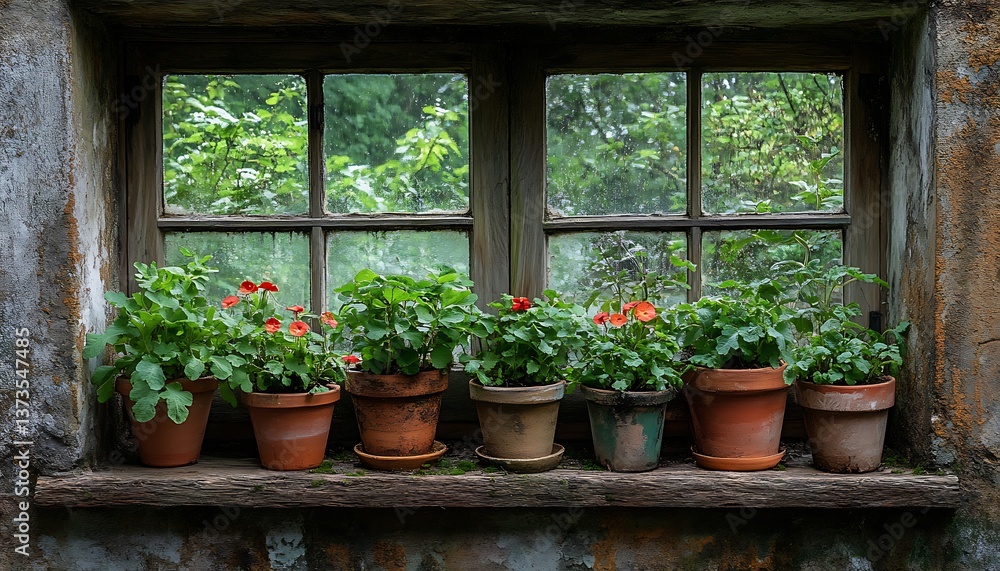 Fototapeta premium Plants in window box, garden view