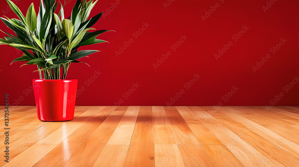 Fototapeta premium Green Plant in Red Pot on Wooden Floor Against Red Wall