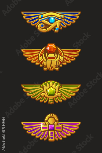 Colored UI symbols set-Egyptian scarab, Lotus, Ankh and eye of Horus with Wings for game UI, slots, casino game