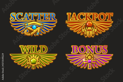 Colored UI symbols set-WILD,Jackpot, Bonus and Scatter for casino or slots games. Golden icons -Egyptian scarab, Lotus, Ankh and eye of Horus for game asset