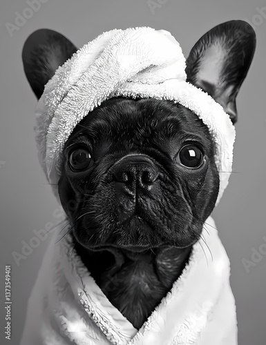 French bulldog wrapped in a towel with a turban-like head wrap after a bath in a studio setting