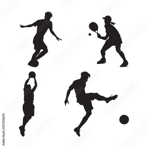 Silhouettes of Soccer Players in Dynamic Poses Kicking Ball Jumping and Running Athletic Movement High Contrast Minimalist Sports Illustration icon set
