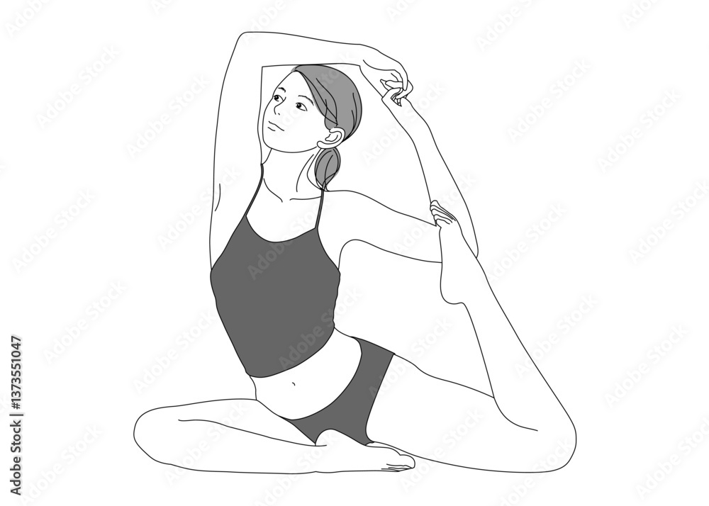 ヨガ 鳩のポーズをする日本人女性のイラスト 全身正面 座位