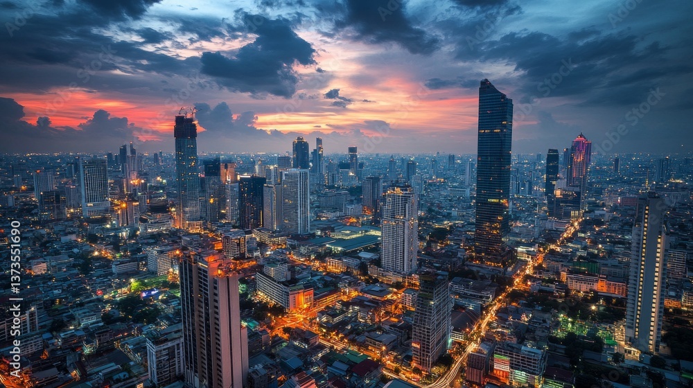 Fototapeta premium Urban skyline at sunset city view landscape photography vibrant colors aerial perspective city life