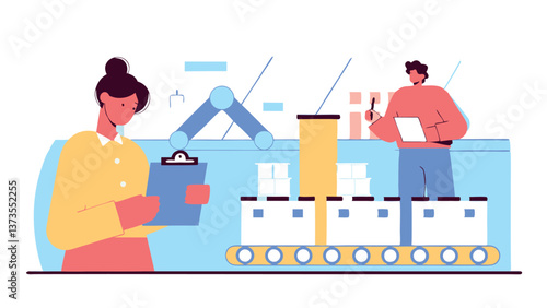 An auditor interviews a worker at a plant, carefully observing the production process. He holds a notebook in his hands, where he writes down important comments.