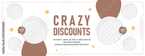 Modern discount banner template with brown and white colors, decorated with balloons and stars, featuring bold "50% Off" text. A professional design perfect for promotions, sales, and marketing online