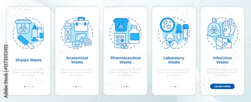 Biomedical waste types blue onboarding mobile app screen. Walkthrough 5 steps editable graphic instructions with linear concepts. UI, UX, GUI. Montserrat SemiBold, Regular fonts used