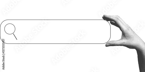 Search bar concept. Hand holding empty input field for online inquiry, internet browsing, website navigation, SEO request, information research and digital exploration. Vector illustration Isolated