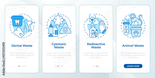 Hazardous waste management blue onboarding mobile app screen. Walkthrough 4 steps editable graphic instructions with linear concepts. UI, UX, GUI. Montserrat SemiBold, Regular fonts used