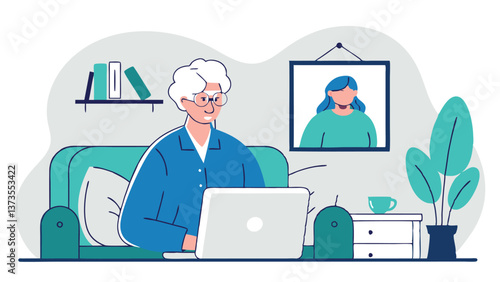 An elderly woman is sitting on a cozy sofa at home, using a laptop. She is happily communicating with her family or surfing the Internet, enjoying modern technologies.