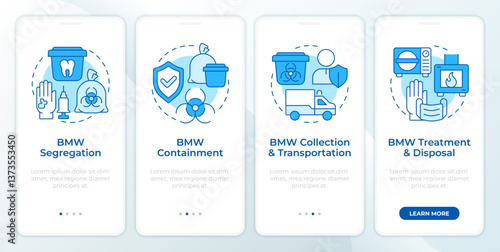 Biowaste management regulation blue onboarding mobile app screen. Walkthrough 4 steps editable graphic instructions with linear concepts. UI, UX, GUI. Montserrat SemiBold, Regular fonts used