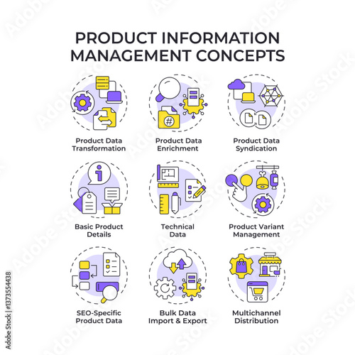 Product information management multi color concept icons. Commercial data analyzing. Goods distribution strategy. Icon pack. Vector images. Round shape illustrations for booklet. Abstract idea