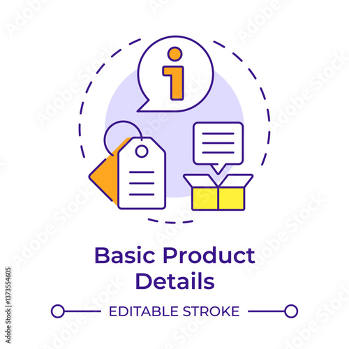 Basic product details multi color concept icon. Essential attributes of identification. Goods data sheet. Round shape line illustration. Abstract idea. Graphic design. Easy to use in presentation