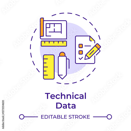 Technical data multi color concept icon. Measurable attributes of goods. Product information sheet. Round shape line illustration. Abstract idea. Graphic design. Easy to use in presentation