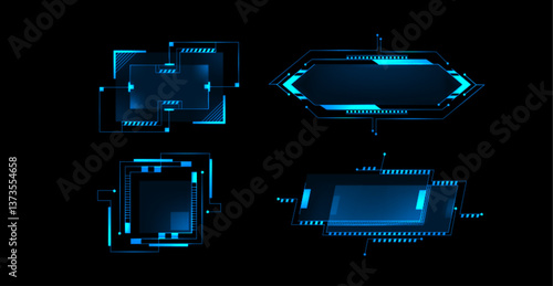 Blue cyberpunk hud frames set isolated on black background. Vector realistic illustration of abstract neon line borders, game user interface design elements, graphic sci fi panels, dashboard buttons