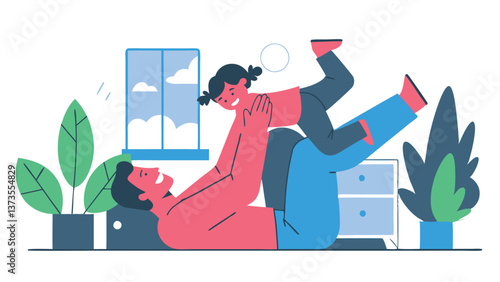 A father plays with his daughter at home, lifting her into the air. The room is filled with a joyful atmosphere filled with smiles and laughter. Family connection.