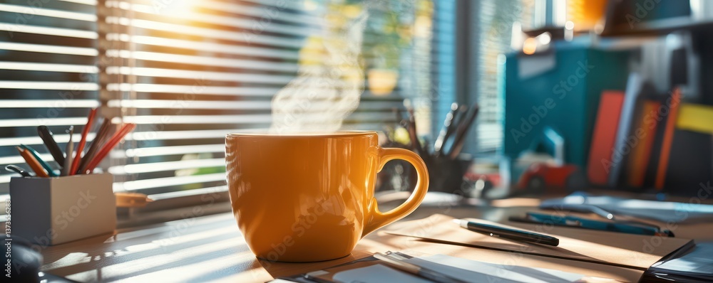 Fototapeta premium Morning Coffee Ritual with Sunlight and Workplace Background