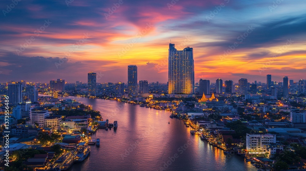 Naklejka premium Stunning sunset over chao phraya river bangkok landscape photography urban environment aerial view serenity