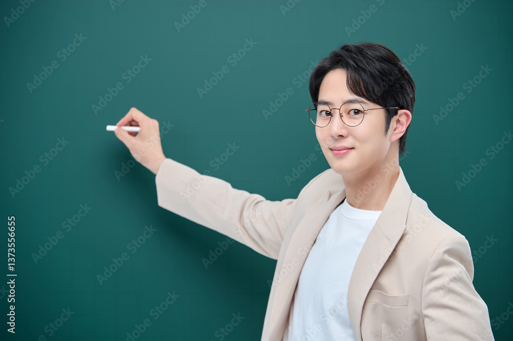 A young male teacher in a suit is holding a piece of chalk and giving a lecture in front of a blackboard A young male teacher in a suit is holding a piece of chalk and giving a lecture in front of a blackboard