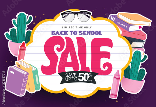 Back to school sale clipart banner design. School sale limited time 50% off discount with sticker educational textbooks and cactus drawing elements vector illustration.
