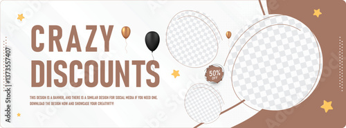 Elegant brown and white discount banner with balloons, modern typography, and 50% off. Perfect for promotions, marketing, and customizable product display areas