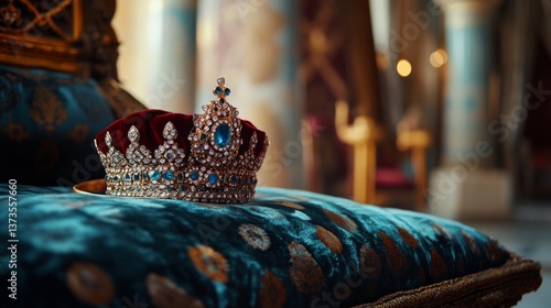 A majestic crown lies elegantly on a rich blue cushion. This regal piece represents power and nobility in a grand setting. It captivates with its intricate design. Generative AI