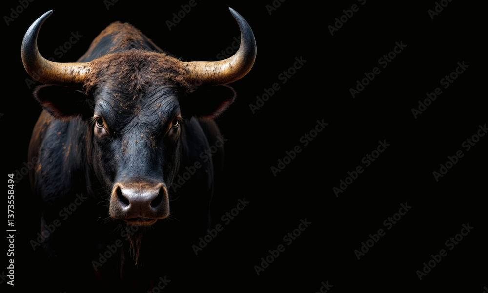Naklejka premium Dirty Bull on Dark Background for Running of the Bulls Event, Fierce, Powerful, Wild Animal with Copyspace, Stock Photo