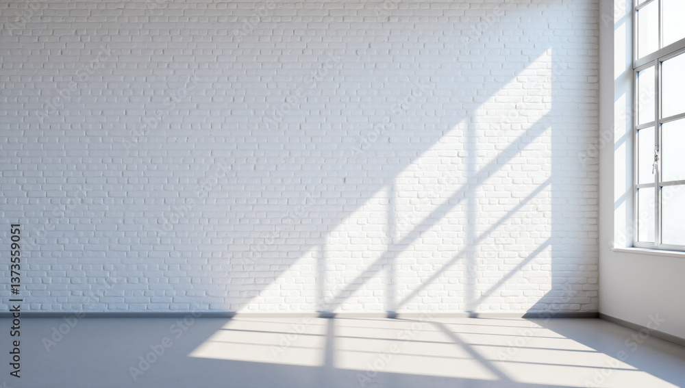 Obraz premium Minimalistic White Brick Wall with Window Shadows, Clean Empty Interior Design Background, Modern Industrial Loft Style, Neutral Texture for Creative Projects