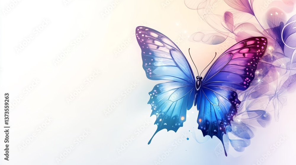 A vibrant butterfly with intricate wing patterns in shades of blue and purple, gracefully positioned on a clean white background with ample negative space for text. A vibrant butterfly with intricate wing patterns in shades of blue and purple, gracefully positioned on a clean white background with ample negative space for text.