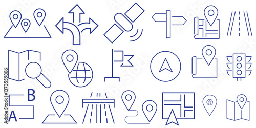 map Location icon set. destination, directions, distance, place, navigation and address icons. Linear icon collection. Editable stroke. Vector illustration.