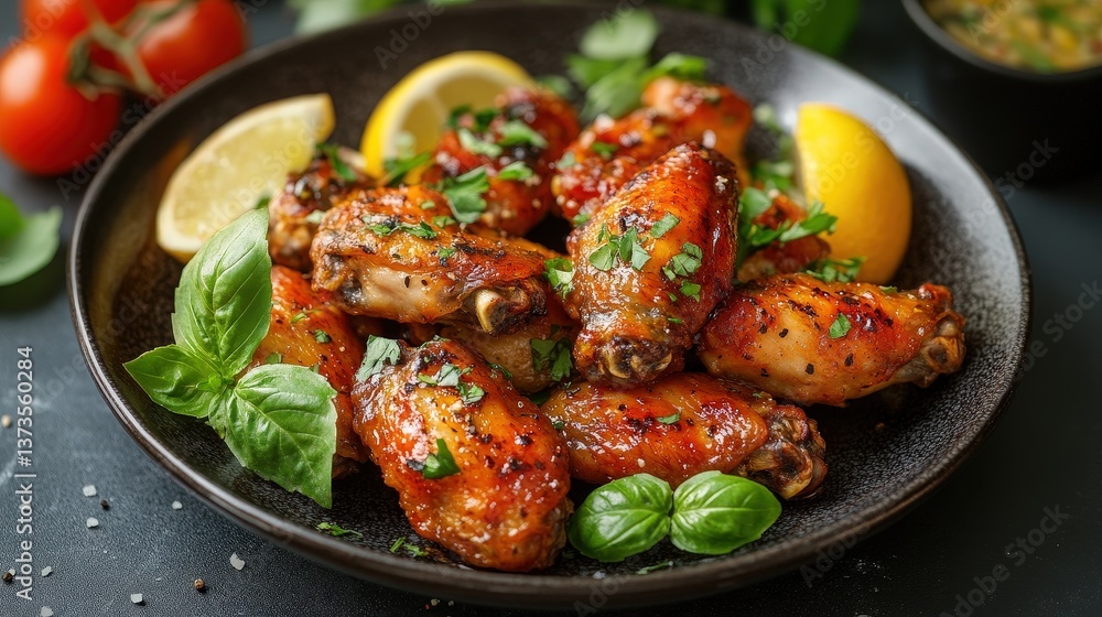 Spicy roasted chicken wings, vibrant basil, and a rich red sauce create a delicious, close-up feast Spicy roasted chicken wings, vibrant basil, and a rich red sauce create a delicious, close-up feast