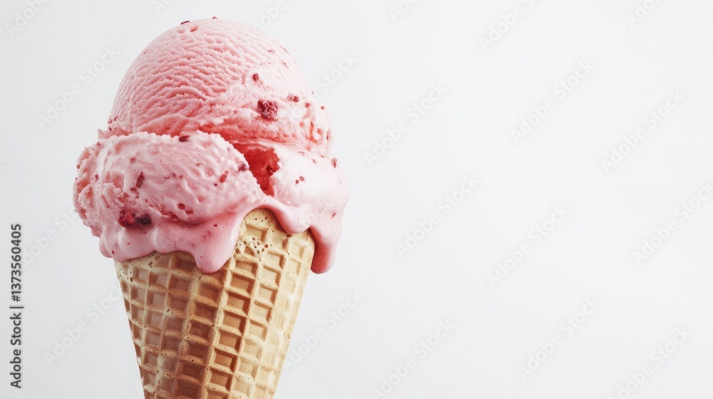 A 3D close-up of a strawberry ice cream cone with a bite taken, placed on a clean white background with room for branding A 3D close-up of a strawberry ice cream cone with a bite taken, placed on a clean white background with room for branding
