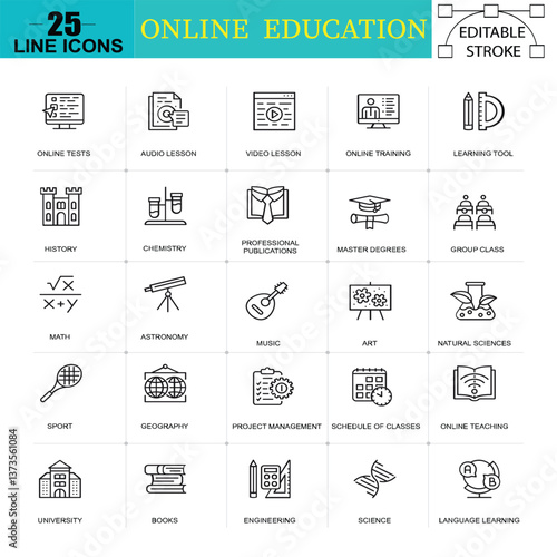 Online Education Line Icons - 25 Editable Stroke Vector Icons for E-Learning and Teaching