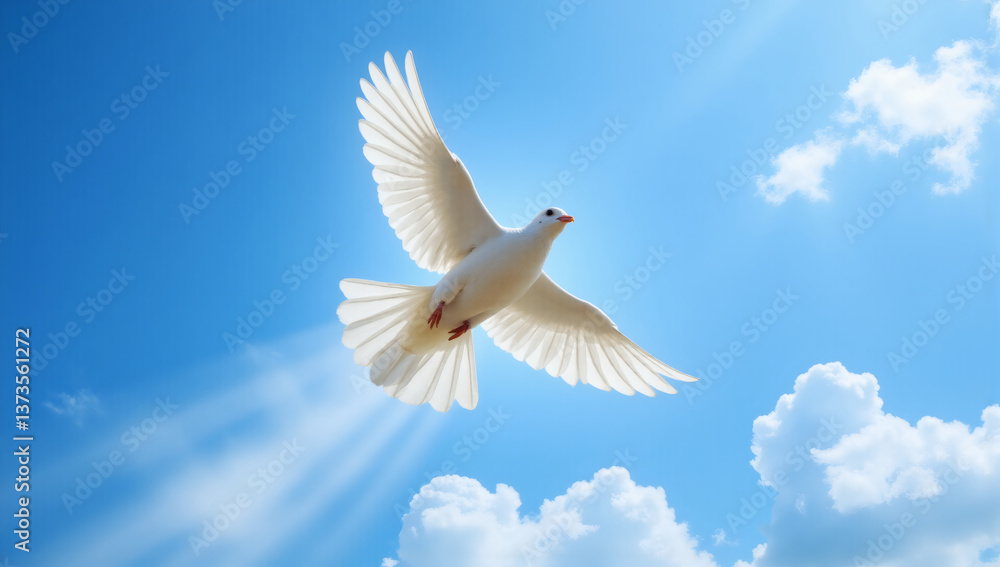 Obraz premium Holy Spirit Dove Descending from Heaven, Divine White Bird Flying in Blue Sky with Copyspace, Religious Symbol, Peace, Faith, Christianity