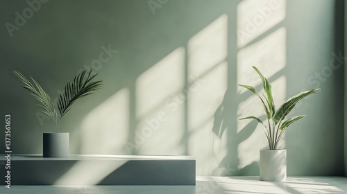 A chic, minimalist interior with muted olive green walls, a sleek podium, and dappled sunlight through a window.